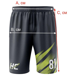 Шорты — схема замеров A, B, C